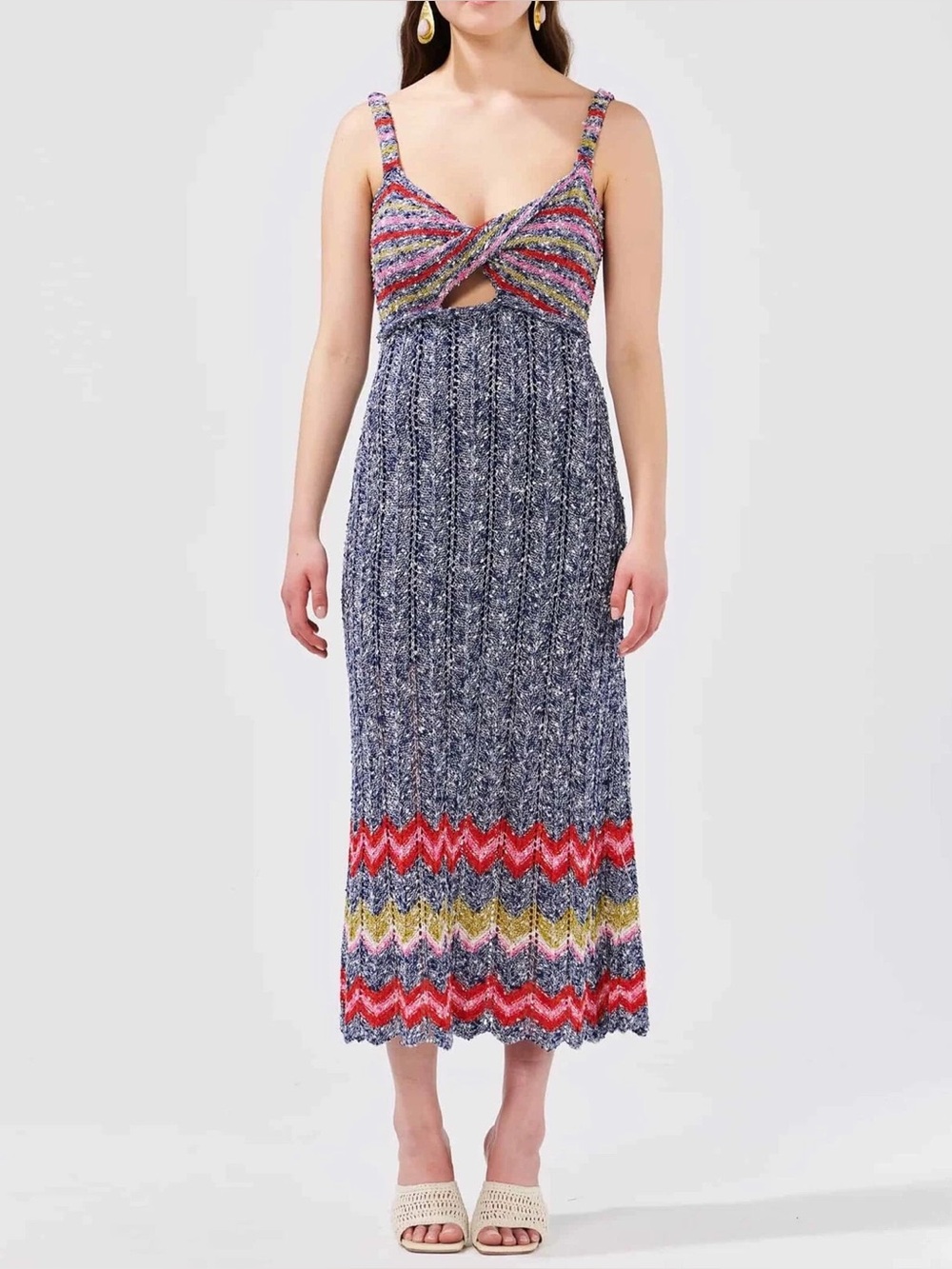 Hayley Menzies Zig-Zag Boucle Knit Twisted Cutout Sleeveless Midi Dress S